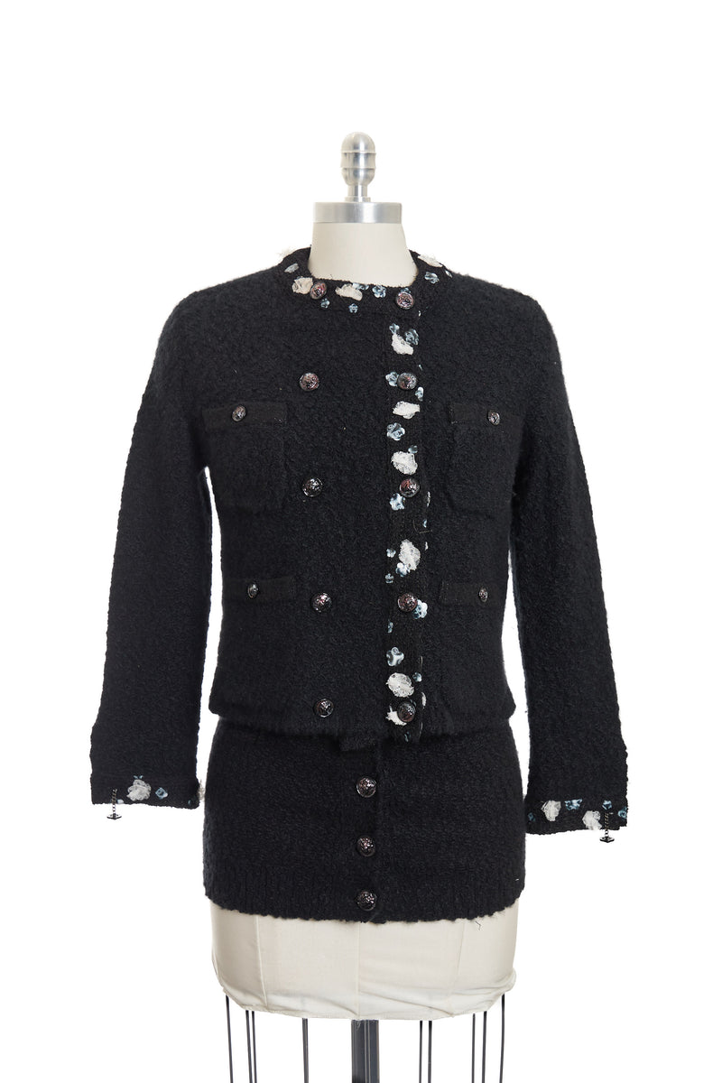Chanel 2022 Runway Black Floral Trim Top and Cardigan Set