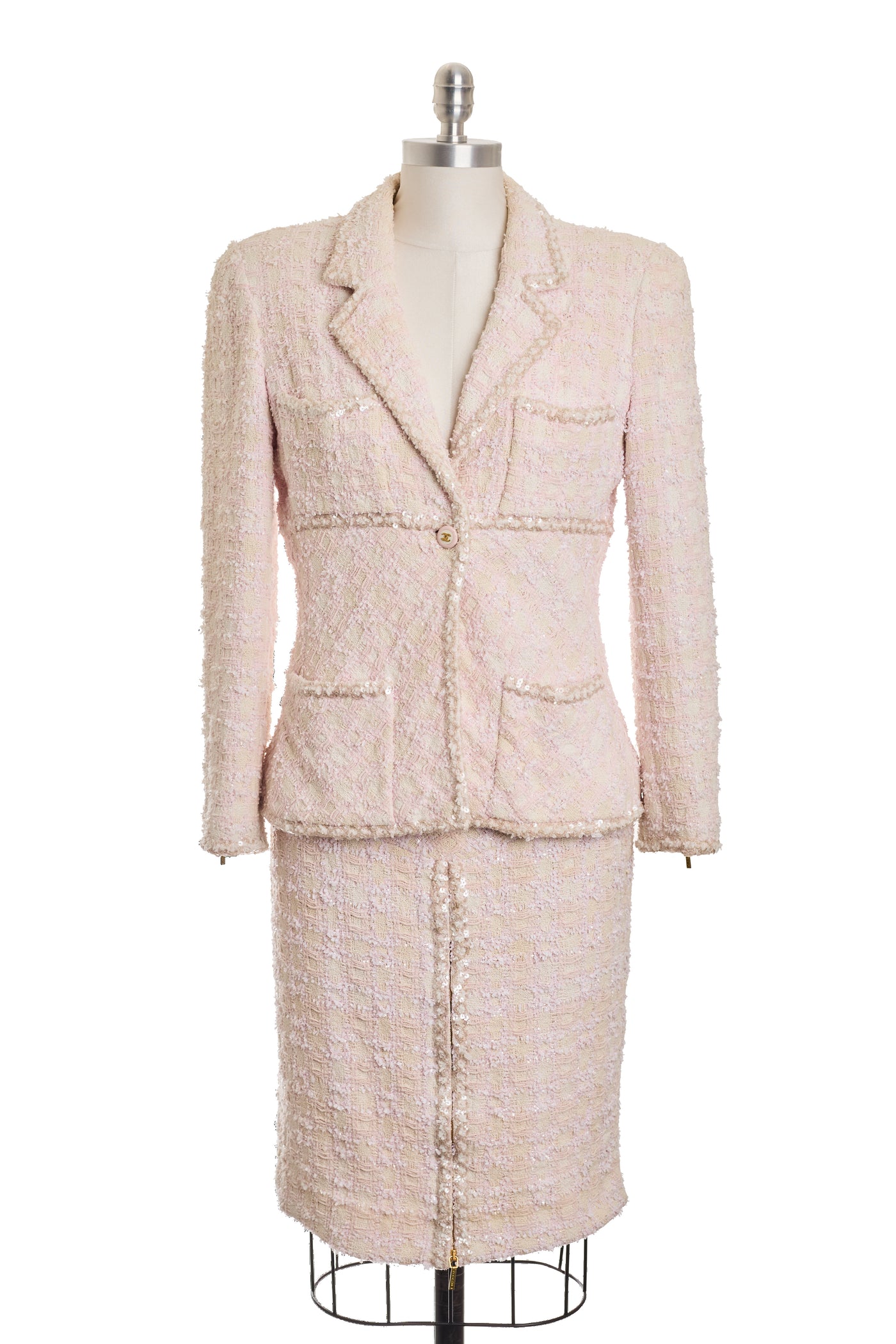 Chanel Vintage 1995 SS Barbie Runway Pale Pink Tweed and Sequin Skirt Suit Set