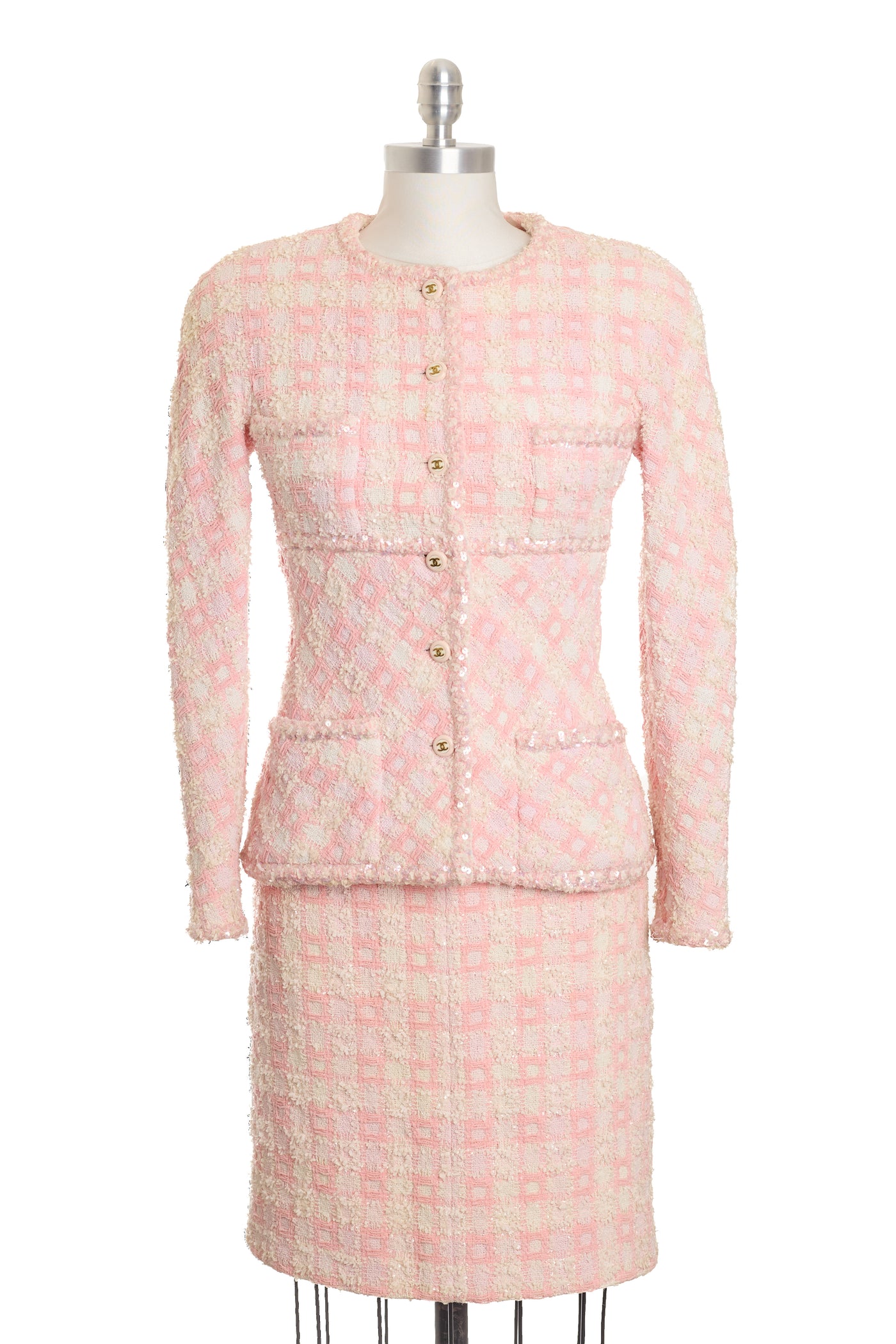 Chanel Rare Vintage 1995 SS Barbie Runway Pink Tweed and Sequin Skirt Suit Set
