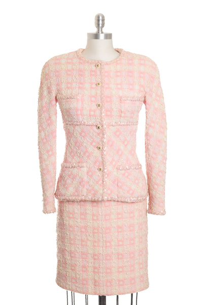 Chanel Rare Vintage 1995 SS Barbie Runway Pink Tweed and Sequin Skirt Suit Set