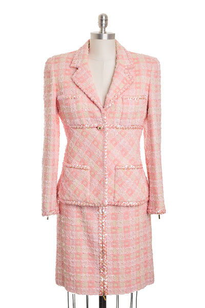 Chanel Vintage 1995 SS Barbie Runway Pink Tweed and Sequin Skirt Suit Set
