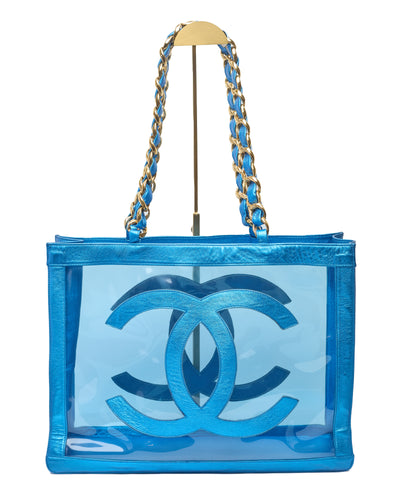Chanel Vintage 1995 SS Barbie Runway Metallic Blue Lambskin and PVC Tote