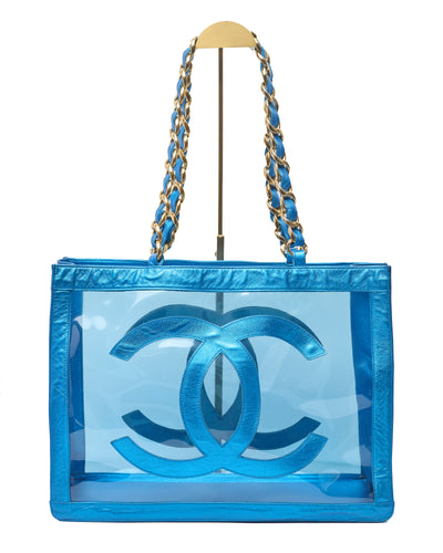 Chanel Vintage 1995 SS Barbie Runway Metallic Blue Lambskin and PVC Tote