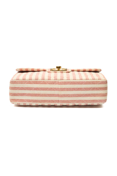 Chanel Rare Vintage Striped Linen Jumbo Single Flap
