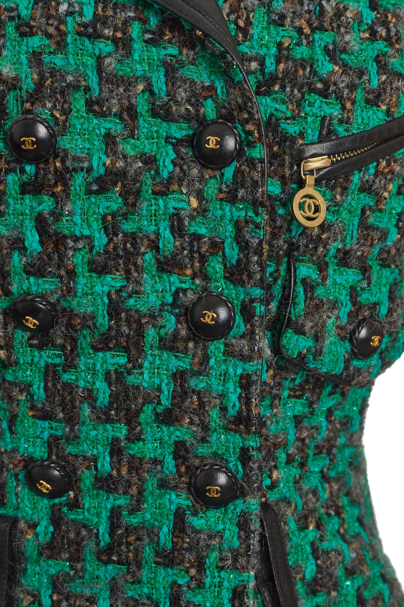 Chanel Vintage RARE Runway Green Tweed and Leather Belted Jacket