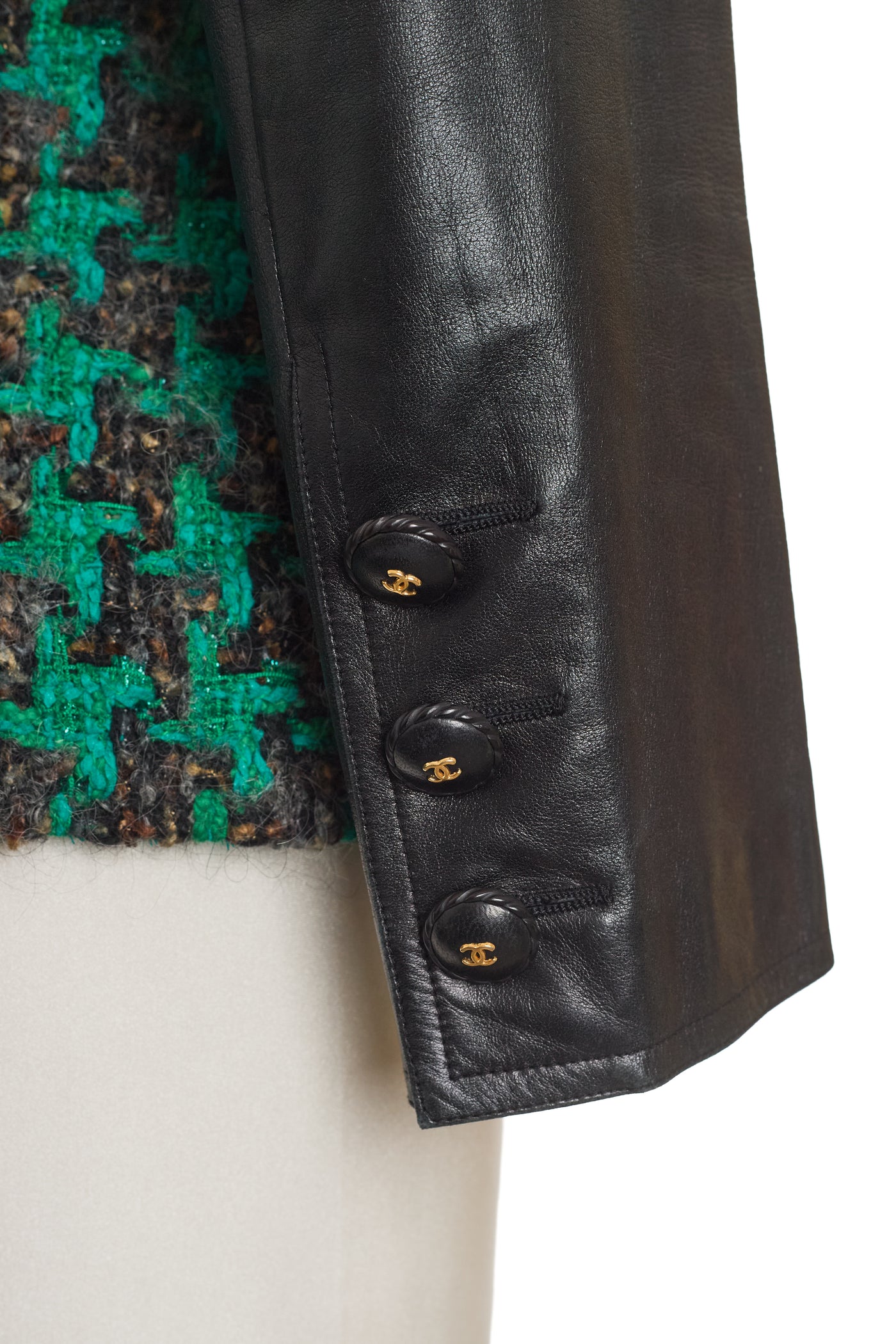 Chanel Vintage RARE Runway Green Tweed and Leather Belted Jacket