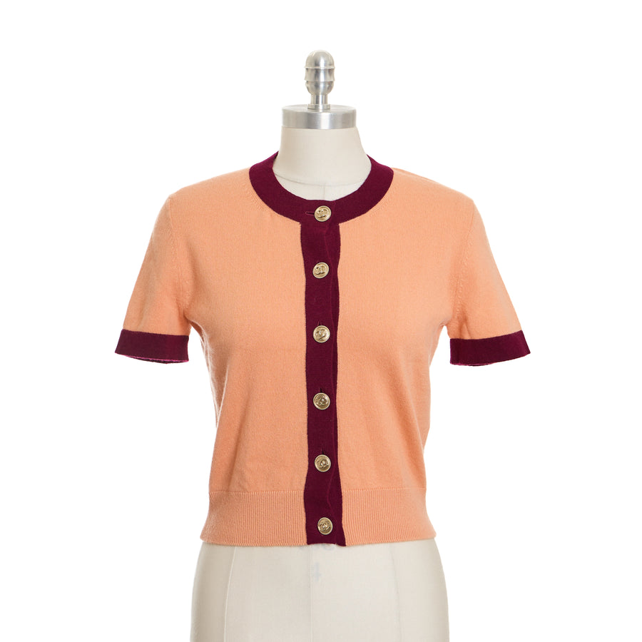 Chanel Peach and Burgundy Cashmere Short Sleeve Cardigan