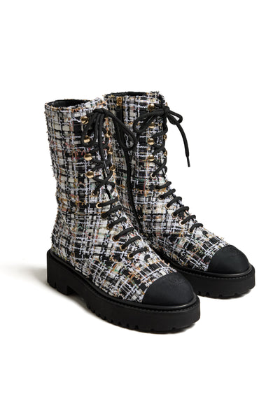 Chanel 2022 Cruise Tweed Combat Boots 37