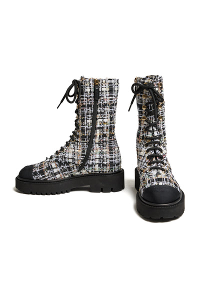 Chanel 2022 Cruise Tweed Combat Boots 37