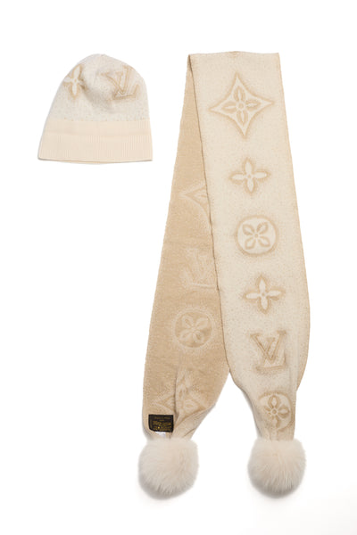 Louis Vuitton Beige Reversible Beanie and Scarf Set
