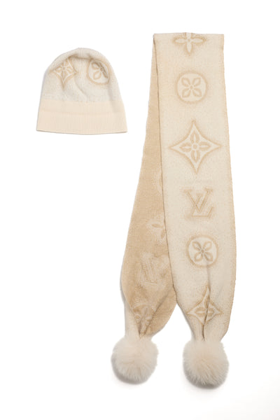 Louis Vuitton Beige Reversible Beanie and Scarf Set