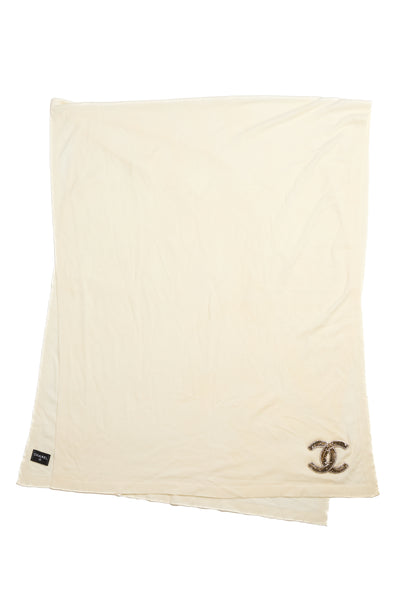 Chanel Cream Wool Shawl with Rhinestone and Bead CC Logo