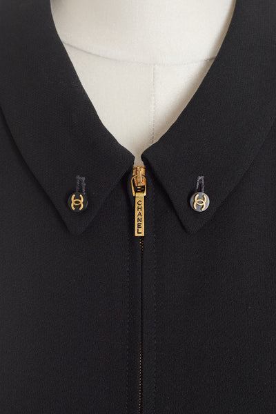 Chanel Vintage 1995 SS Runway Black Wool Zip Up Dress