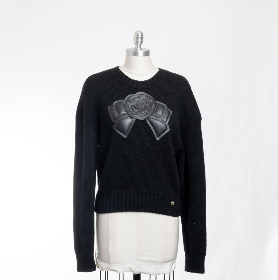 Chanel Black Cashmere Camellia Bow Sweater