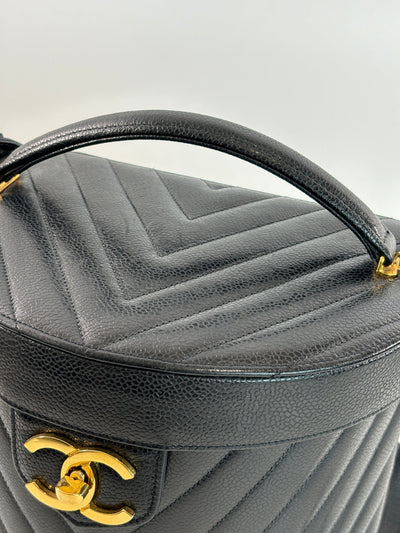 Chanel Vintage Black Caviar Chevron Vanity Bag