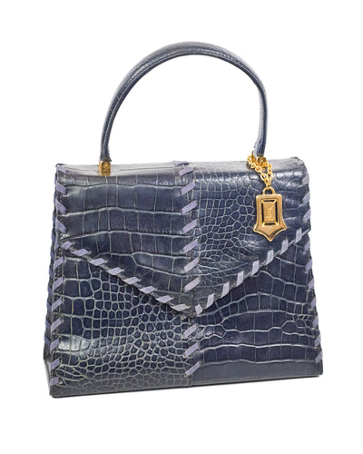 Saint Laurent Vintage Navy Blue Croc Embossed Top Handle