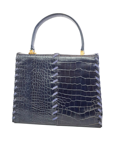 Saint Laurent Vintage Navy Blue Croc Embossed Top Handle