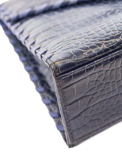 Saint Laurent Vintage Navy Blue Croc Embossed Top Handle
