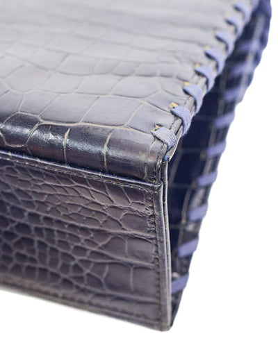Saint Laurent Vintage Navy Blue Croc Embossed Top Handle