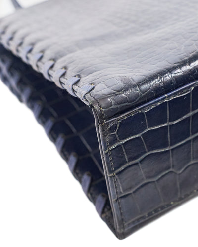 Saint Laurent Vintage Navy Blue Croc Embossed Top Handle