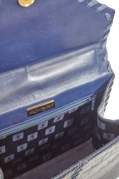 Saint Laurent Vintage Navy Blue Croc Embossed Top Handle