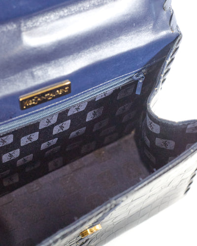 Saint Laurent Vintage Navy Blue Croc Embossed Top Handle