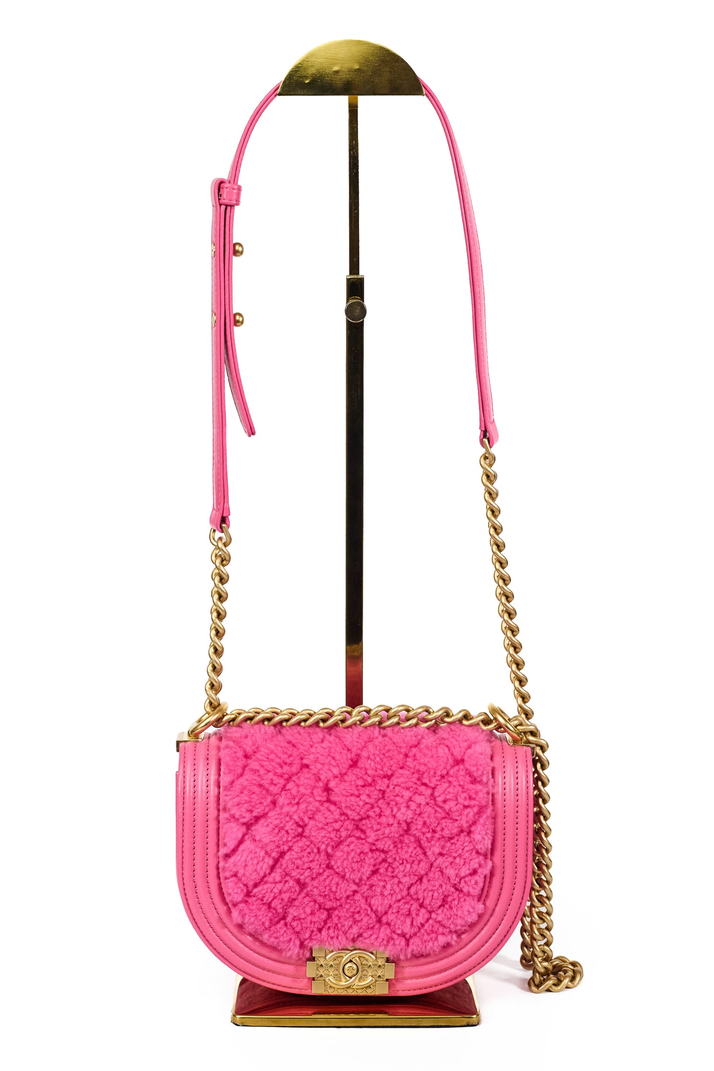 Chanel 2022 FW Runway Pink Shearling and Leather Messenger Boy Bag