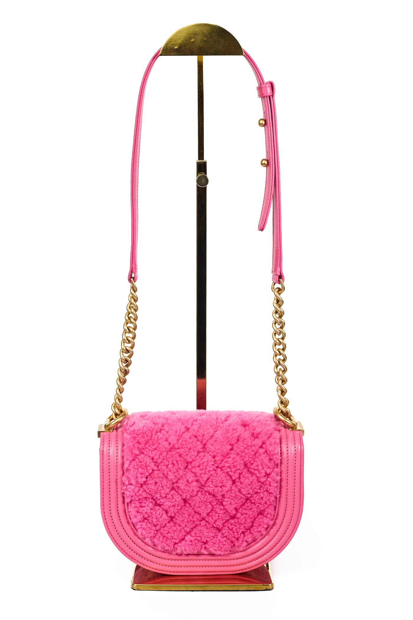 Chanel 2022 FW Runway Pink Shearling and Leather Messenger Boy Bag