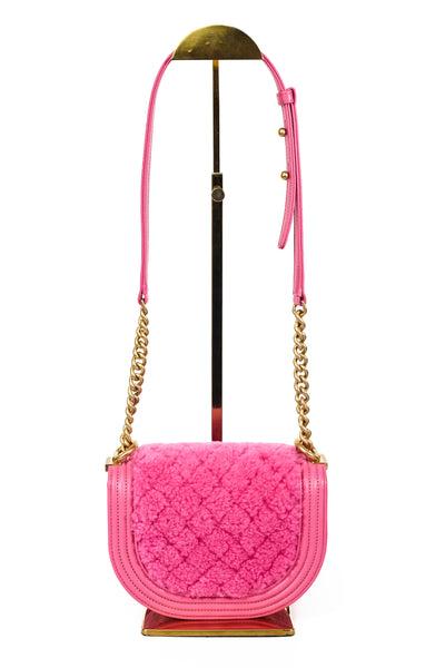 Chanel 2022 FW Runway Pink Shearling and Leather Messenger Boy Bag