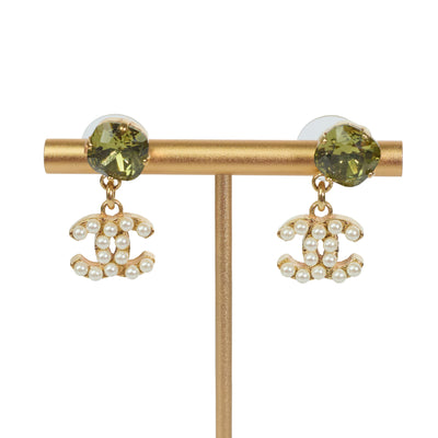 Chanel Green Crystal and Faux Pearl CC Drop Earrings