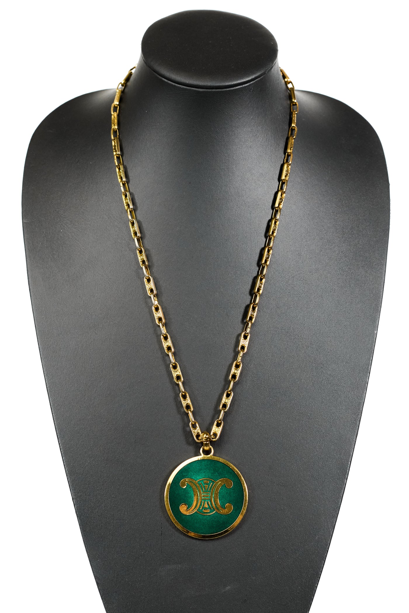 Celine Vintage Green Macadam Pendant Necklace