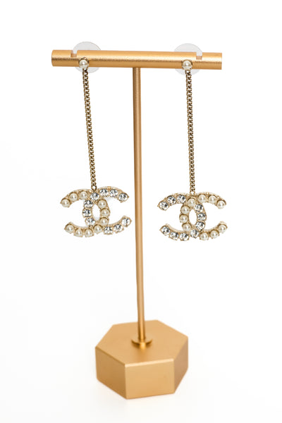 Chanel Faux Pearl and Crystal CC Drop Earrings