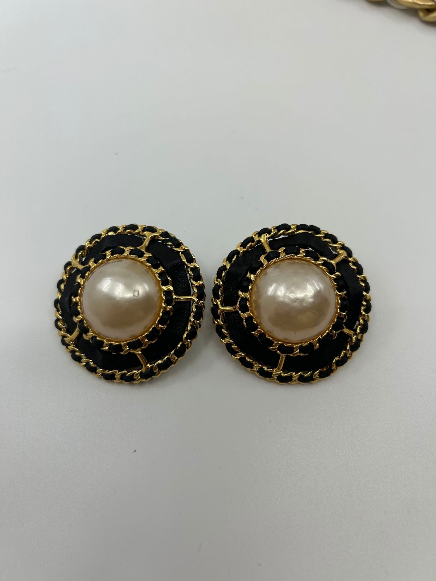 Chanel Leather Woven and Faux Pearl Clip Earrings