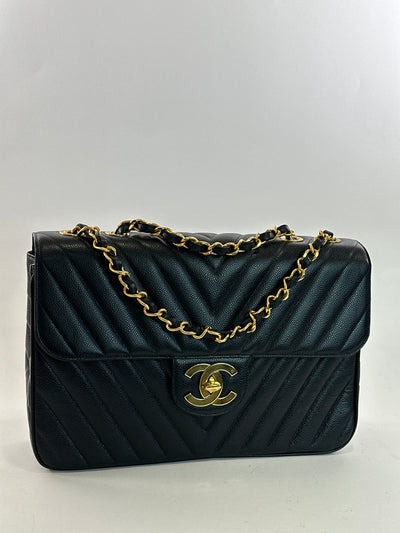 Chanel RARE Vintage Black Caviar Chevron Super Maxi Single Flap
