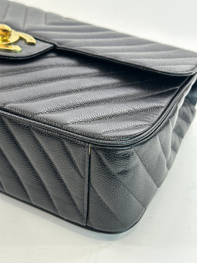 Chanel RARE Vintage Black Caviar Chevron Super Maxi Single Flap