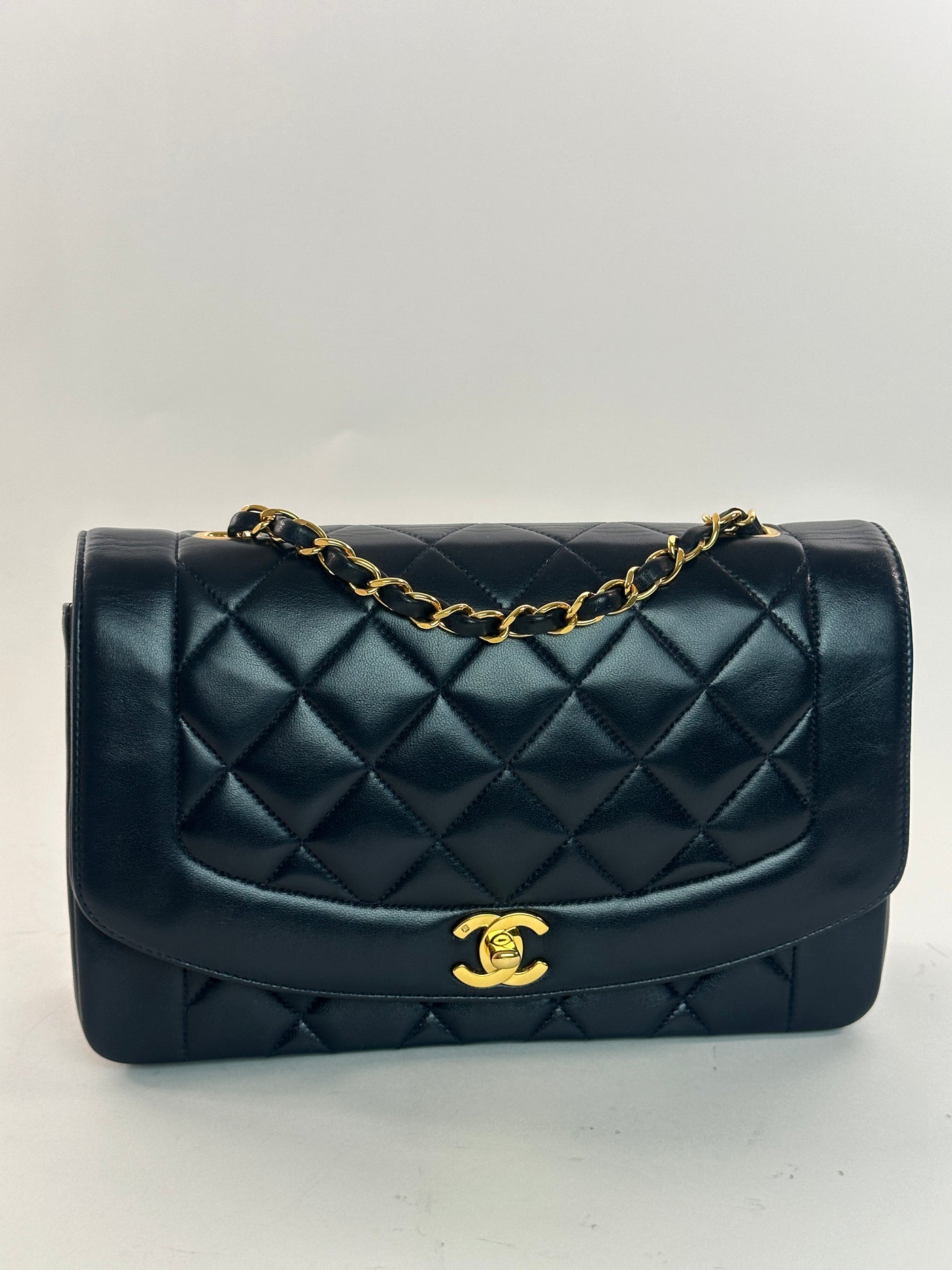 Chanel Rare Vintage Navy Blue Lambskin Medium Diana
