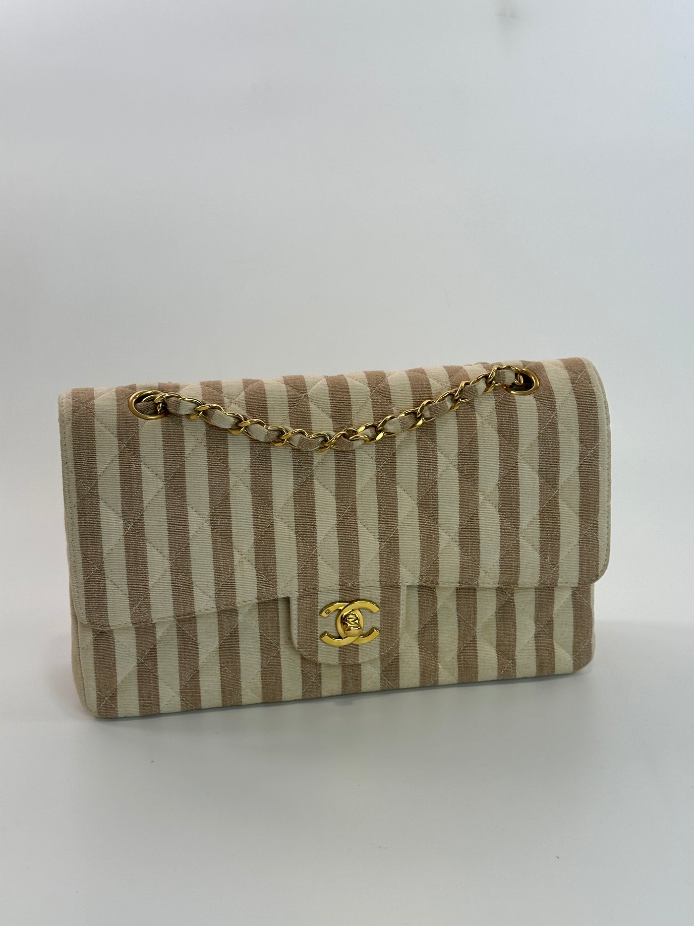 Chanel Rare Vintage Beige and Cream Linen Classic Medium Double Flap
