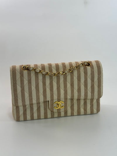 Chanel Rare Vintage Beige and Cream Linen Classic Medium Double Flap