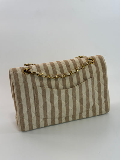 Chanel Rare Vintage Beige and Cream Linen Classic Medium Double Flap