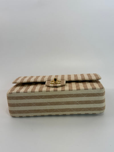 Chanel Rare Vintage Beige and Cream Linen Classic Medium Double Flap