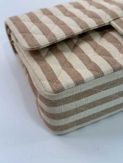 Chanel Rare Vintage Beige and Cream Linen Classic Medium Double Flap