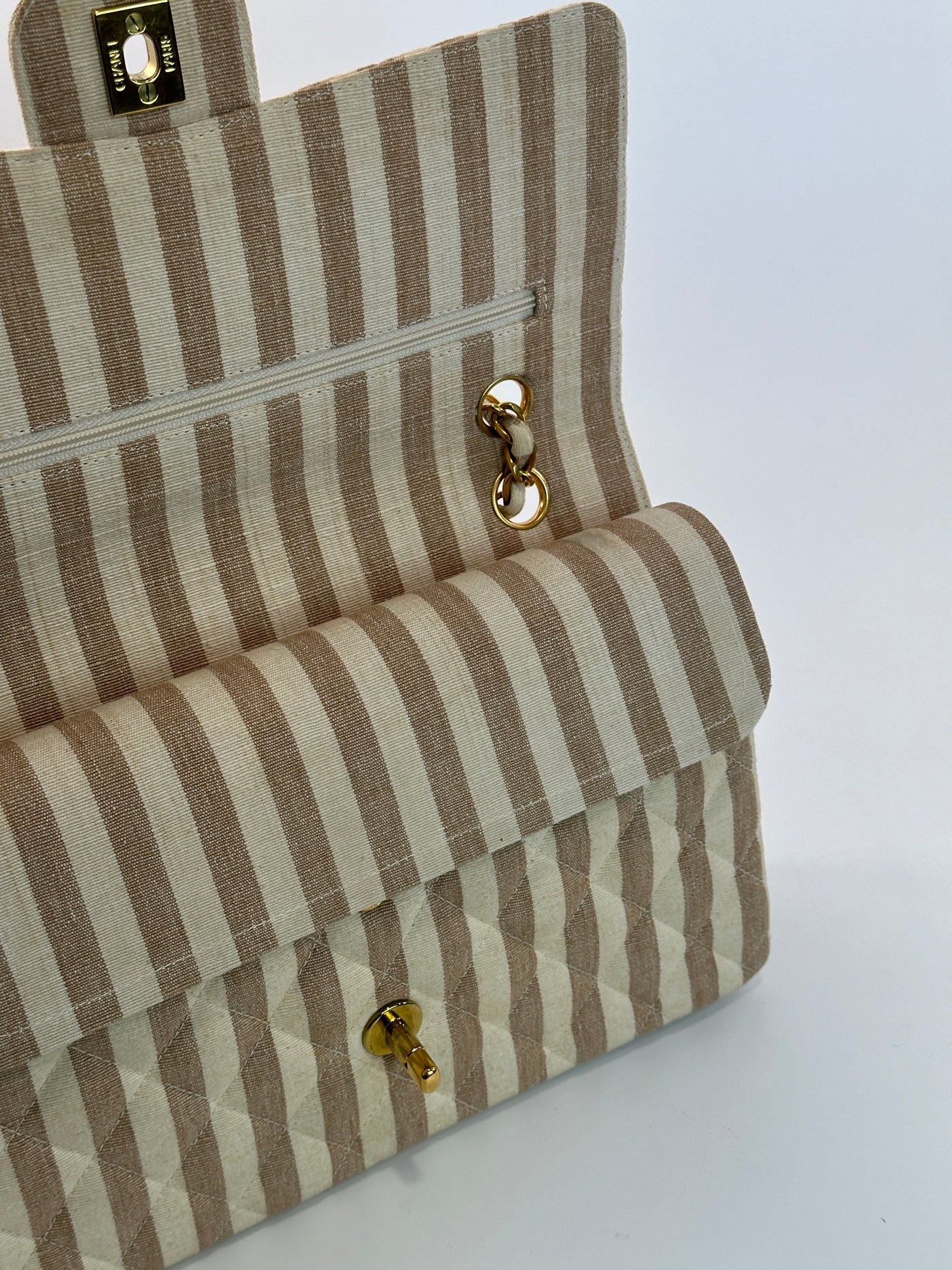 Chanel Rare Vintage Beige and Cream Linen Classic Medium Double Flap