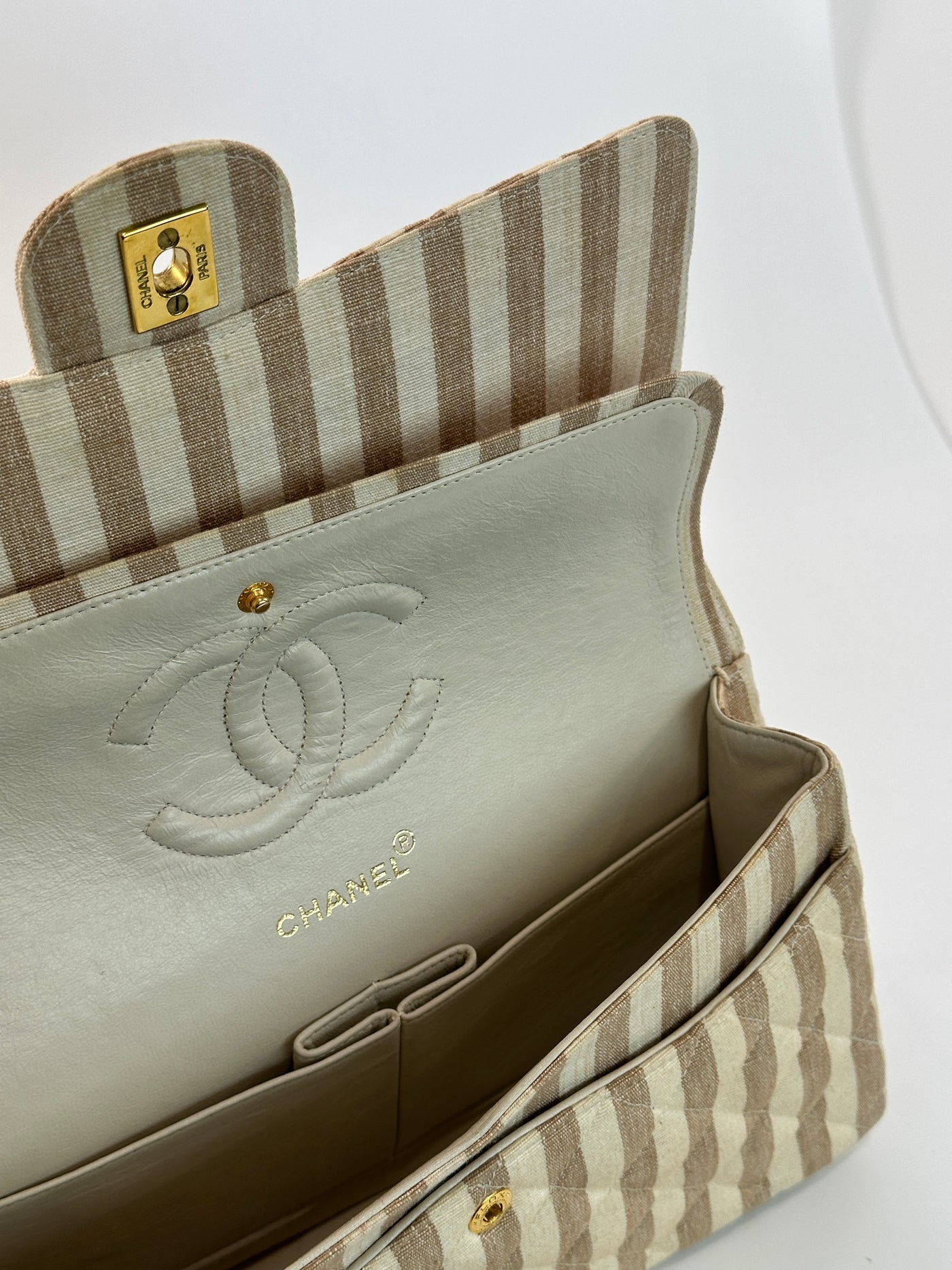 Chanel Rare Vintage Beige and Cream Linen Classic Medium Double Flap