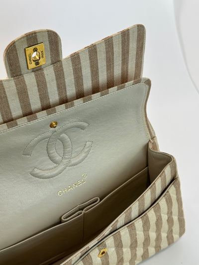 Chanel Rare Vintage Beige and Cream Linen Classic Medium Double Flap
