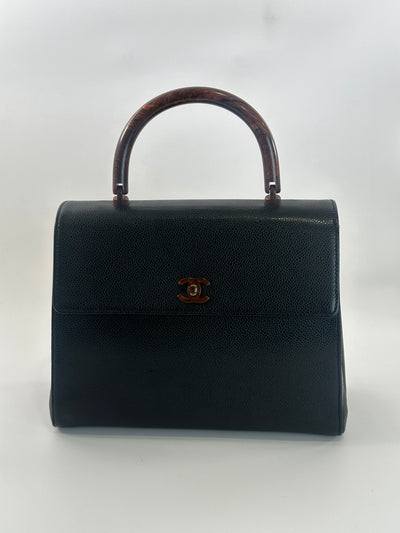 Chanel Vintage Black Caviar and Wood Kelly