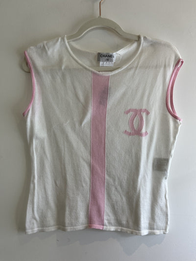 Chanel White and Pink Logo Knit Tank