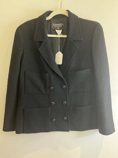 Chanel Vintage Black Boucle Jacket and Skirt Suit Set