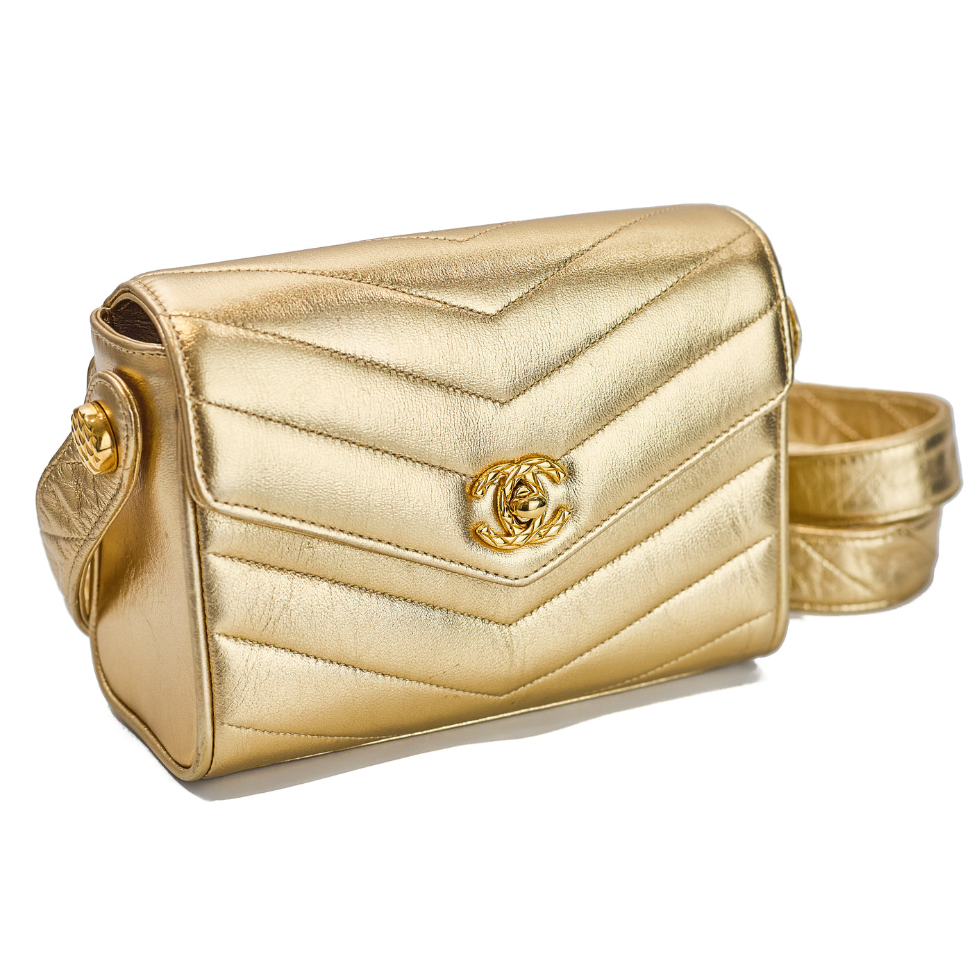 Chanel Vintage Metallic Gold Lambskin Chevron Camera Bag