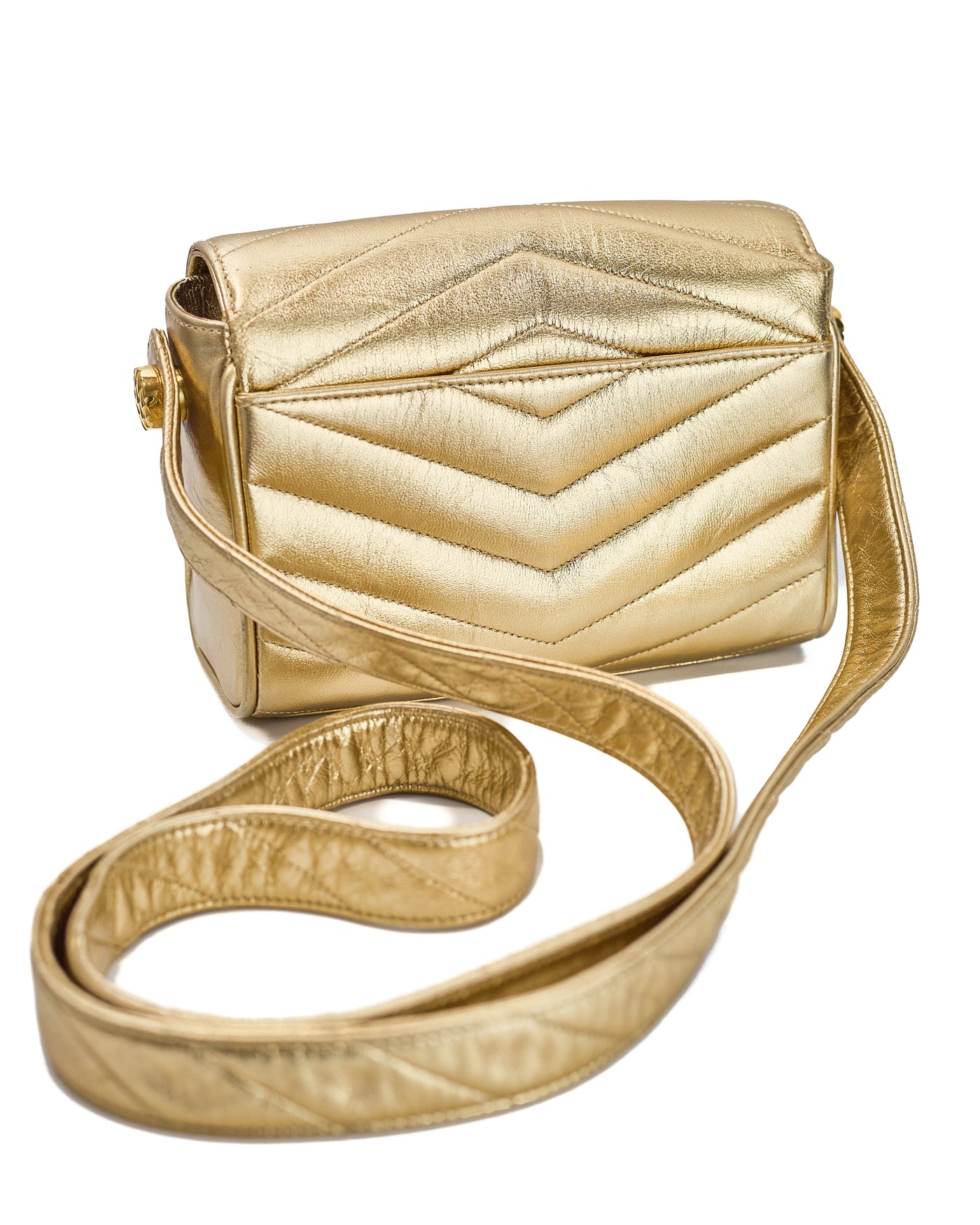 Chanel Vintage Metallic Gold Lambskin Chevron Camera Bag