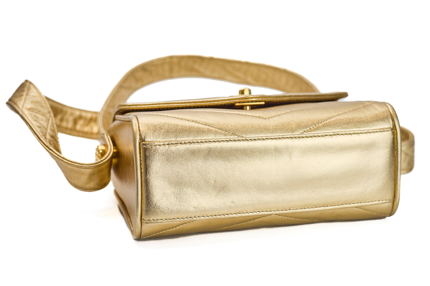 Chanel Vintage Metallic Gold Lambskin Chevron Camera Bag